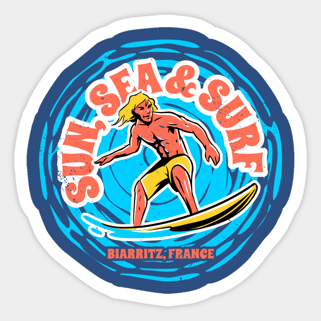 Vintage Sun, Sea & Surf Biarritz, France // Retro Surfing // Surfer Catching Waves Sticker by Now Boarding